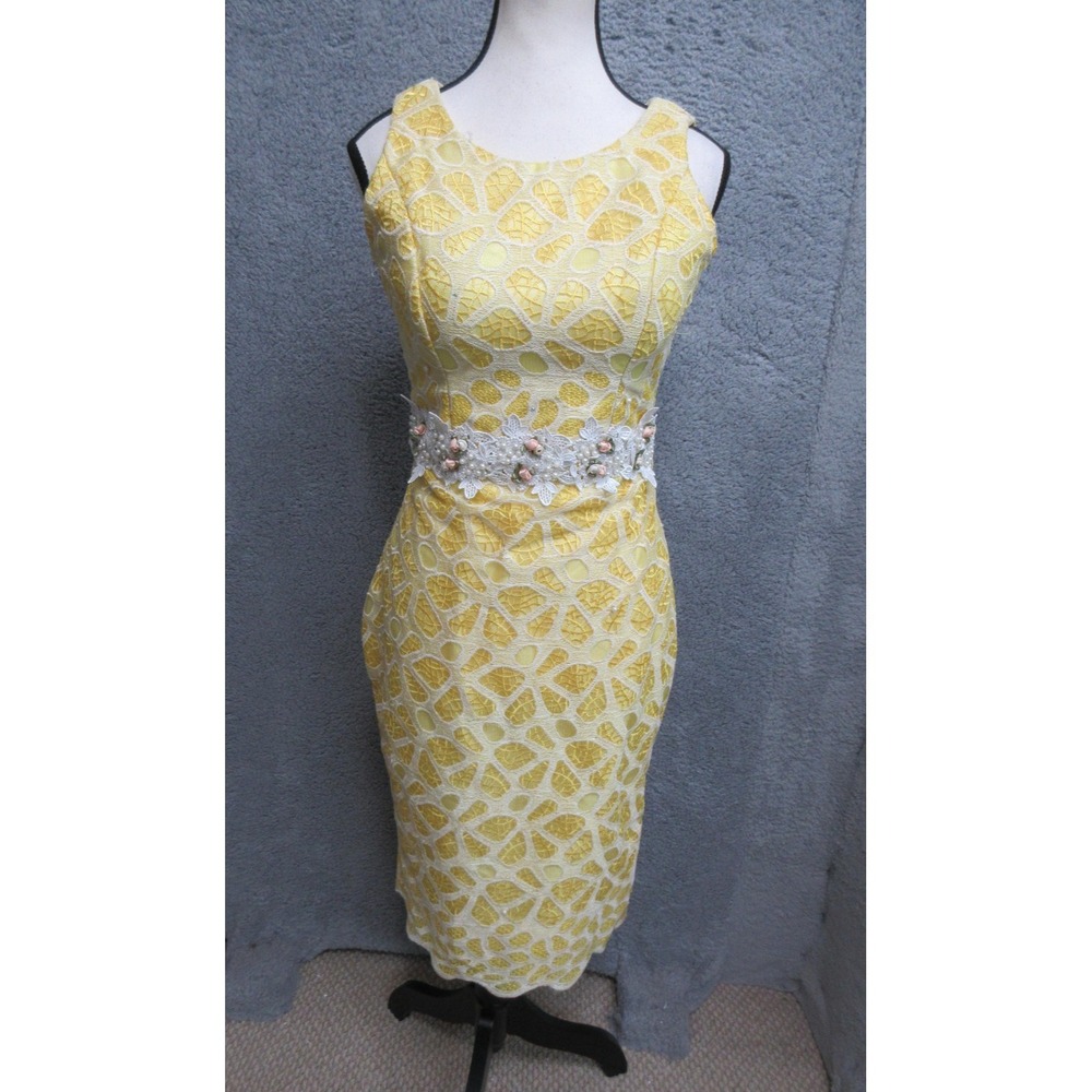 Floral Lace Dress Womens Small Yellow Sheath Sleeveless Belted Cocktail